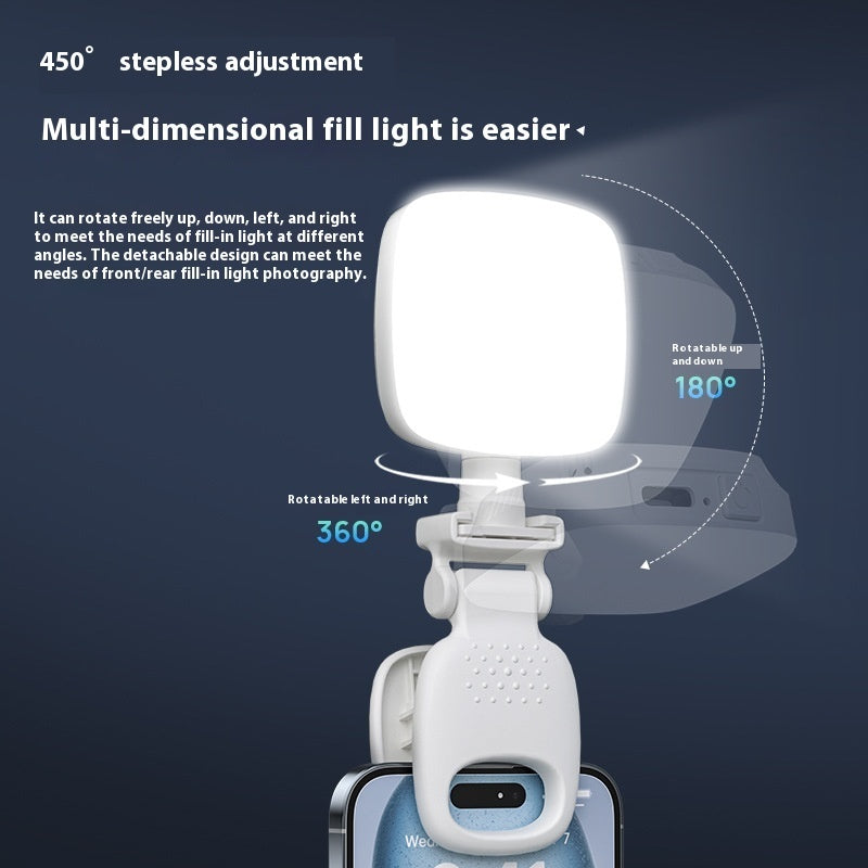 Mobile Selfie Fill Light demonstrating 450° adjustment and multi-dimensional rotation for optimized lighting.