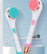 Electric Bath Brush in blue and pink, USB rechargeable silicone scrubber for deep cleansing and skin care.