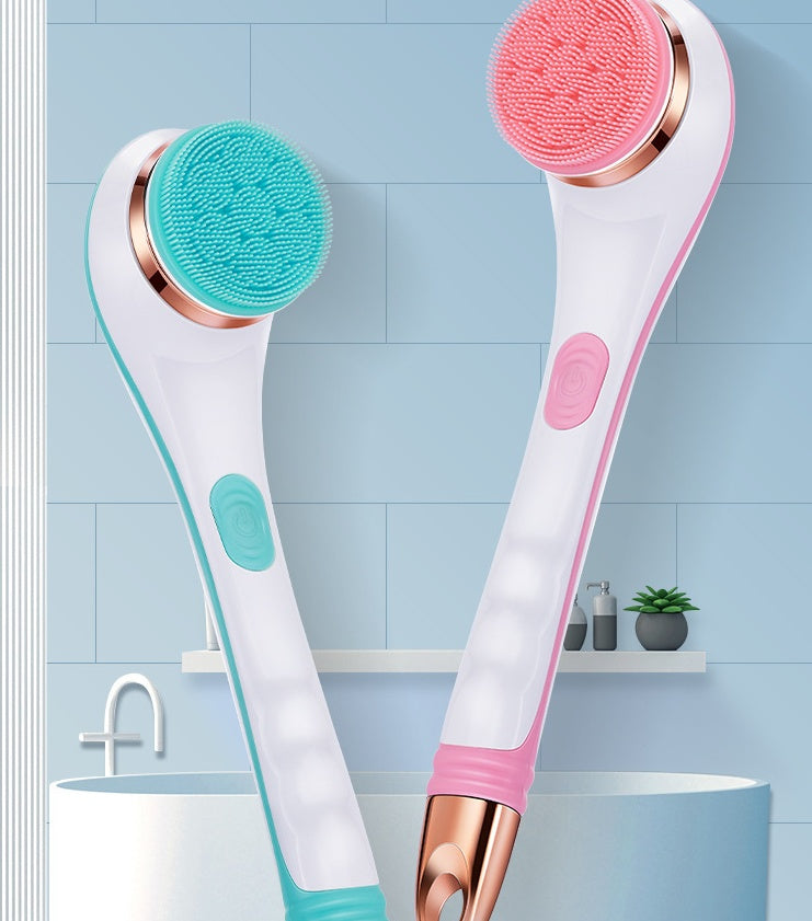 Electric Bath Brush in blue and pink, USB rechargeable silicone scrubber for deep cleansing and skin care.