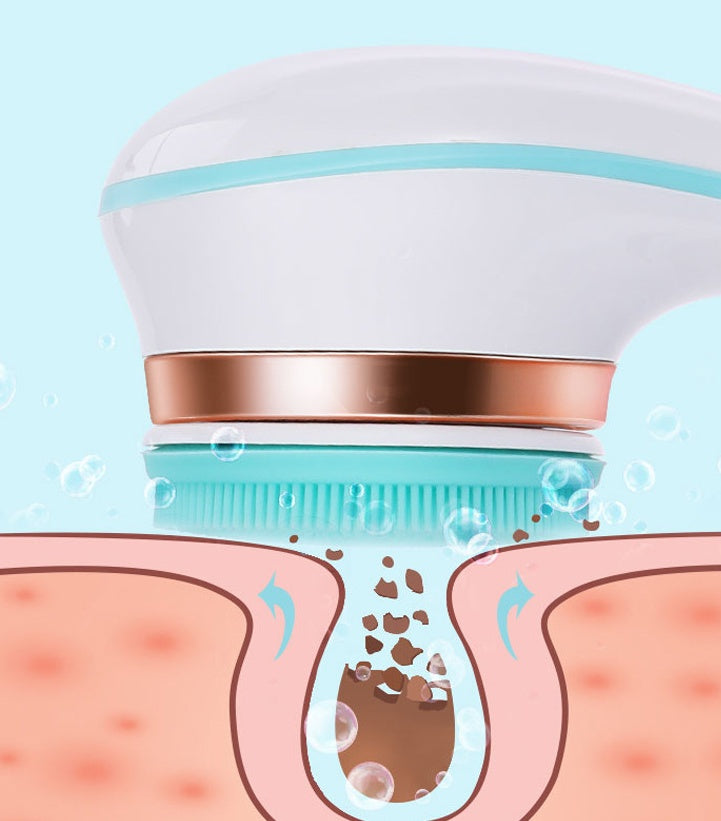 Electric Bath Brush showing silicone bristles cleaning skin and removing dirt for a refreshing shower experience.