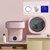 Mini Foldable Washing Machine in pink color on a countertop with accessories for portable laundry.