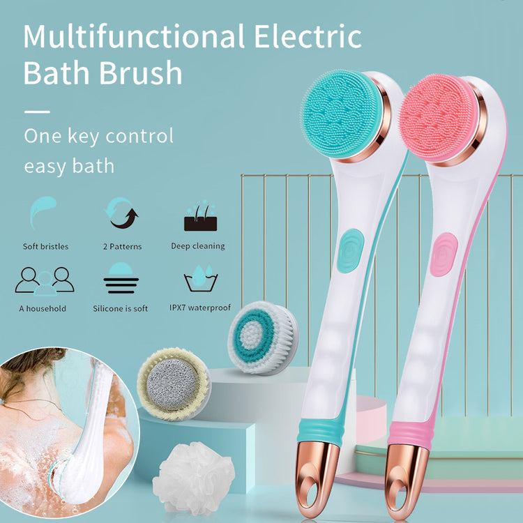 Multifunctional Electric Bath Brush with soft silicone bristles, deep cleaning features, and IPX7 waterproof design.