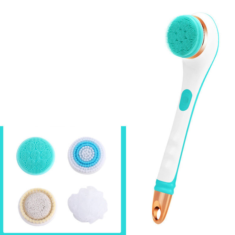 Electric Bath Brush with interchangeable silicone scrubber heads for deep cleansing and skin rejuvenation.
