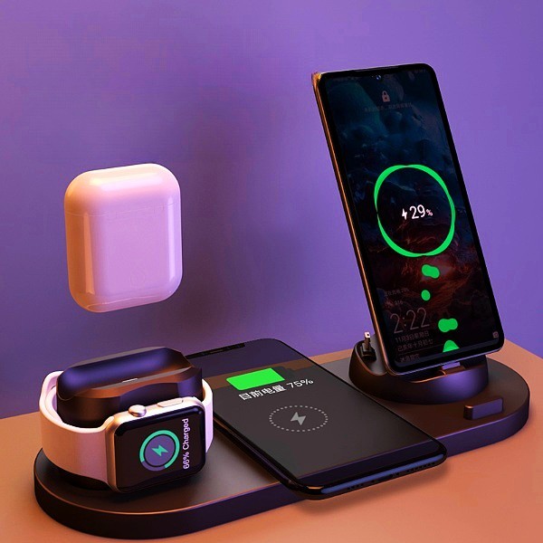 Drahtloses Ladegerät für iPhone, Schnellladegerät für Telefon, Schnellladepad für Telefonuhr, 6-in-1-Ladestation