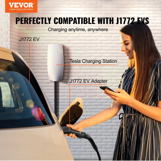 VEVOR Tesla To J1772 Charging Adapter, Max 48 Amp 240V, J1772 EVs Charger Adapter, With IP65 Storage Bag Anti-Drop Lock, For Tesla High Powered Wall Connector, Destination Charger And Mobile Connector